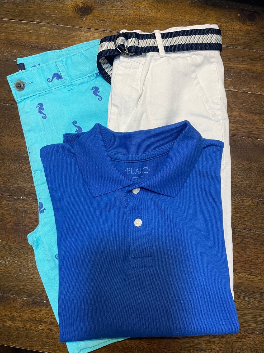 Place Royal Blue Polo with Aqua Seahorse Shorts and White Shorts
